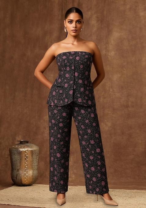 Black Blue Organza Floral Printed Fusion Set