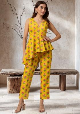 Yellow Satin Floral Printed Fusion Set