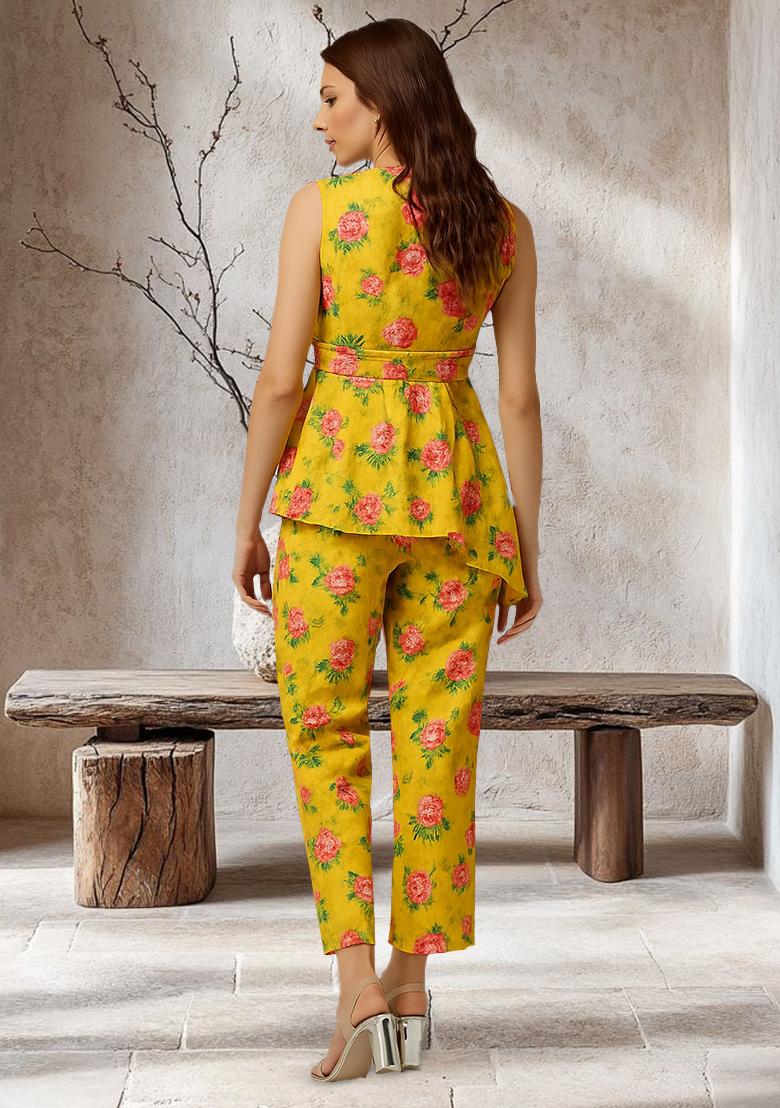 Yellow Satin Floral Printed Fusion Set - Indya