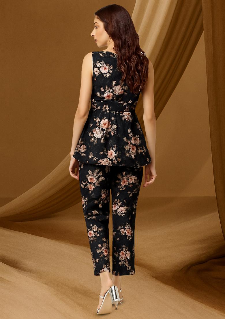 Navy Satin Satin Floral Printed Fusion Set - Indya