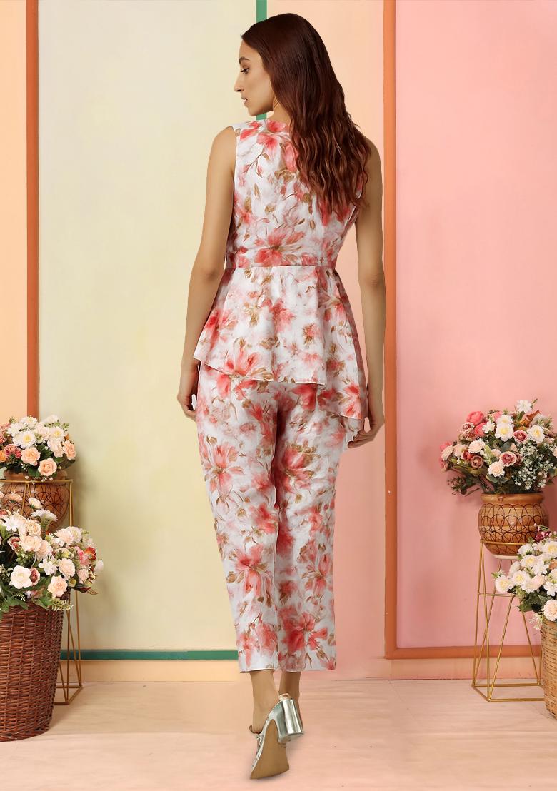 Light Pink Satin Floral Printed Fusion Set - Indya