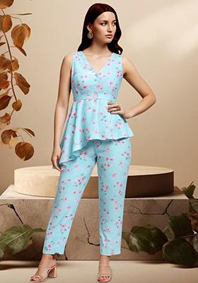 Pastel Blue Satin Floral Printed Fusion Set
