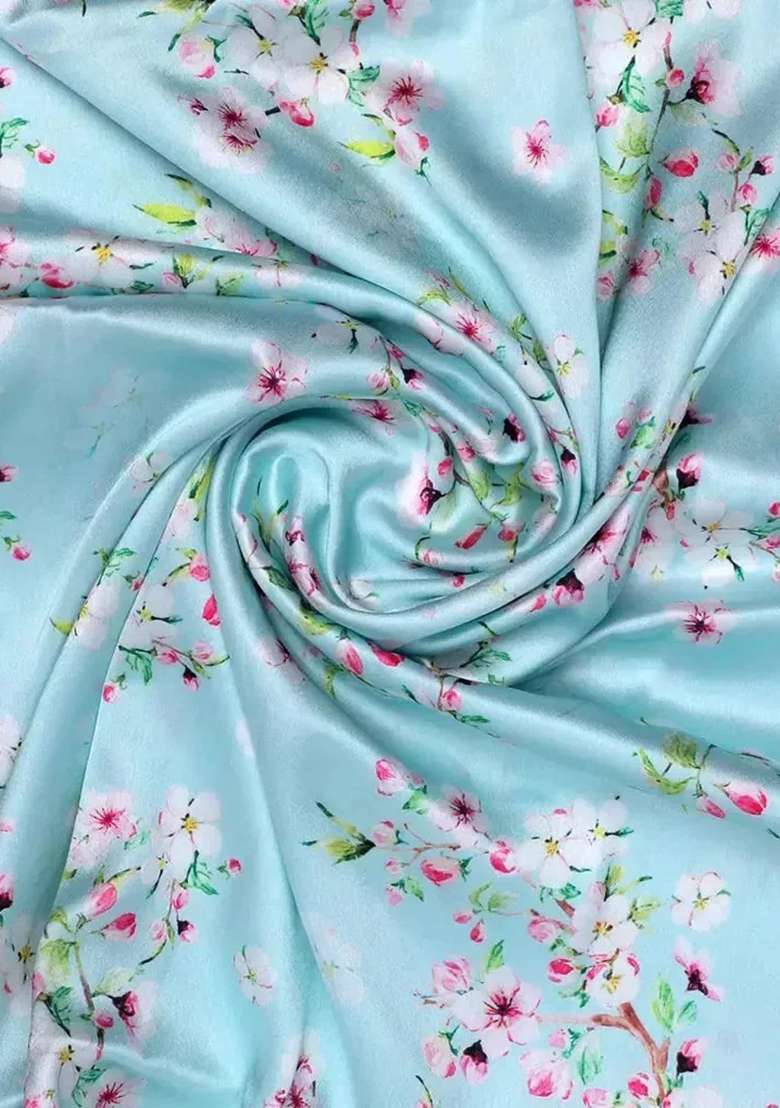 Pastel Blue Satin Fusion Set with Floral Printed for Diwali | Wedding & Festive Wear - Indya
