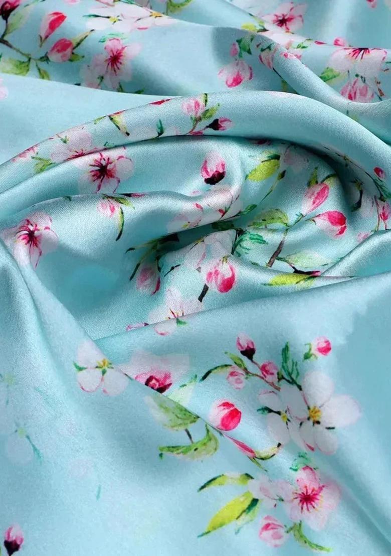 Pastel Blue Satin Floral Printed Fusion Set - Indya