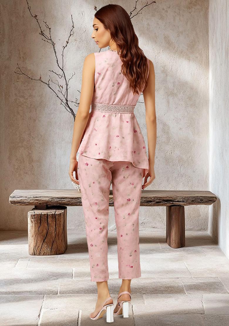 Blue Satin Floral Printed Fusion Set - Indya