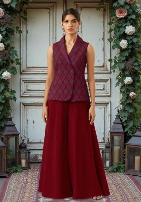 Maroon Silk Ikat Printed Fusion Set