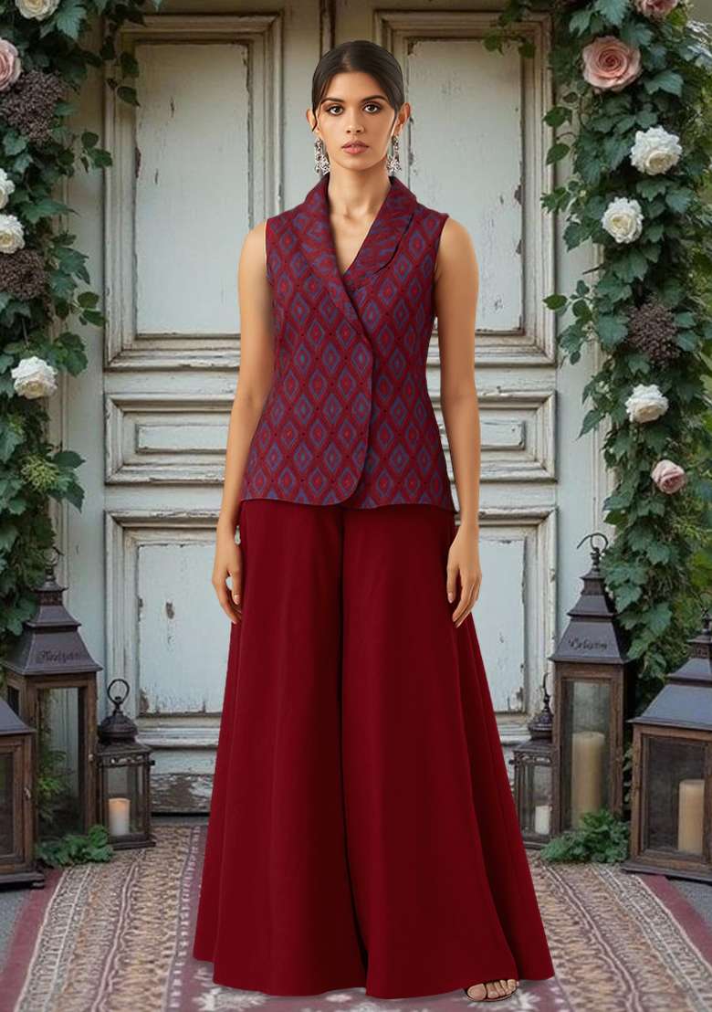 Maroon Jacquard Silk Blend Sharara Set for Diwali and Festive Wear - Indya