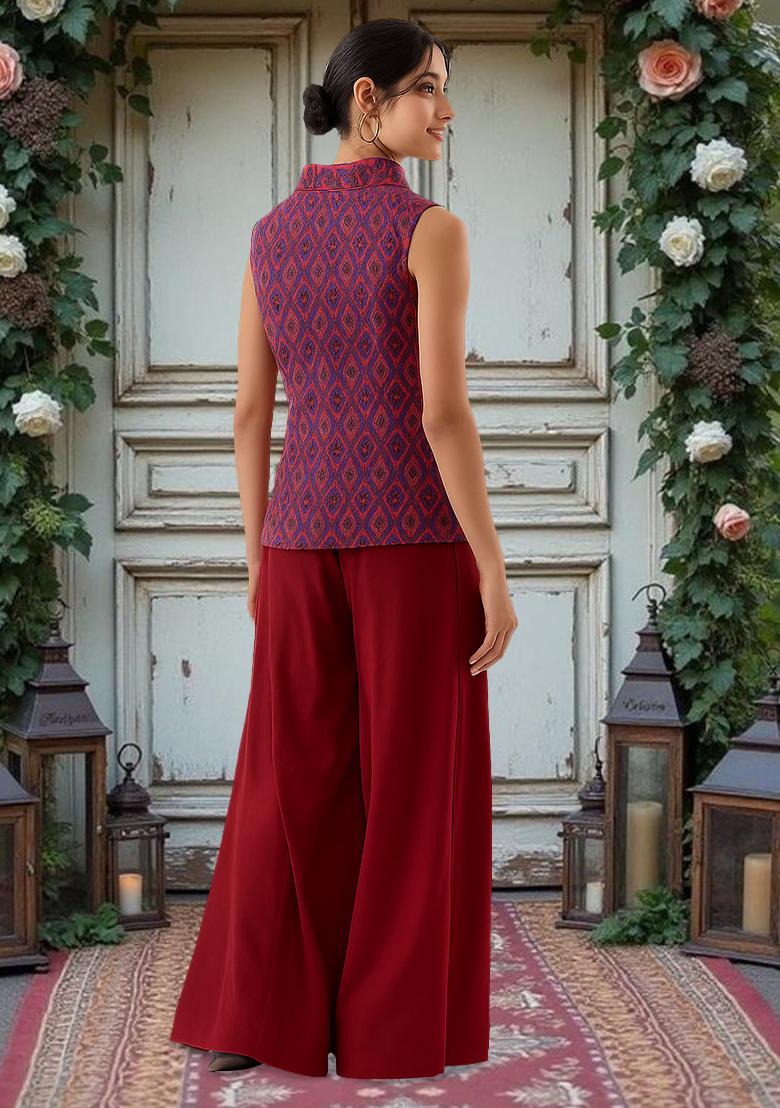 Maroon Silk Ikat Printed Fusion Set - Indya