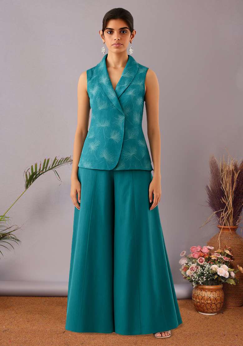 Teal Blue Printed Silk Blend Co Ord Set for Diwali | Wedding & Festive Wear - Indya