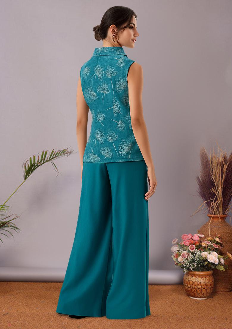 Teal Blue Silk Floral Printed Fusion Set - Indya