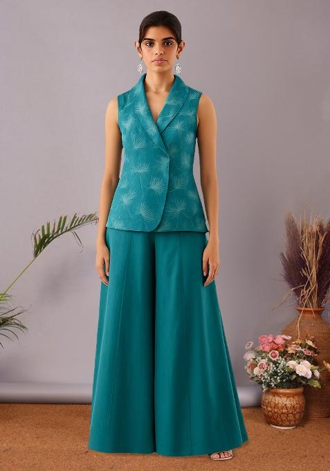 Teal Blue Printed Silk Co Ord Set