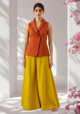 Orange And Yellow Silk Abstract Printed Fusion Set