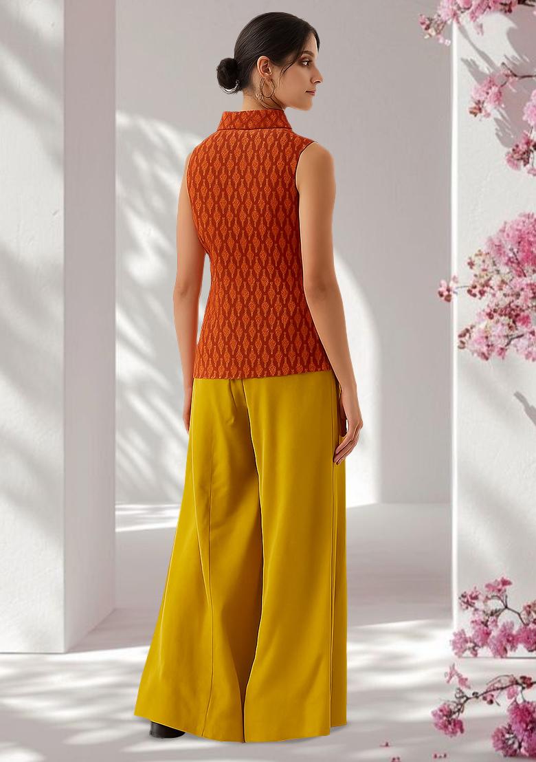 Orange And Yellow Silk Abstract Printed Fusion Set - Indya