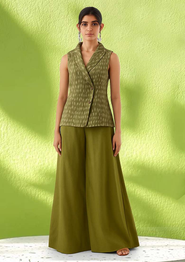 Sage Green Printed Silk Blend Co Ord Set for Diwali and Festive Wear - Indya