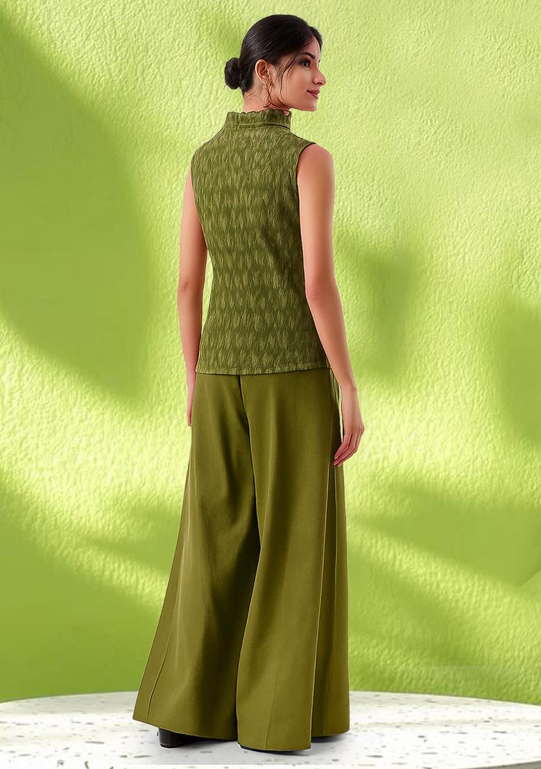 Sage Green Silk Abstract Printed Fusion Set - Indya