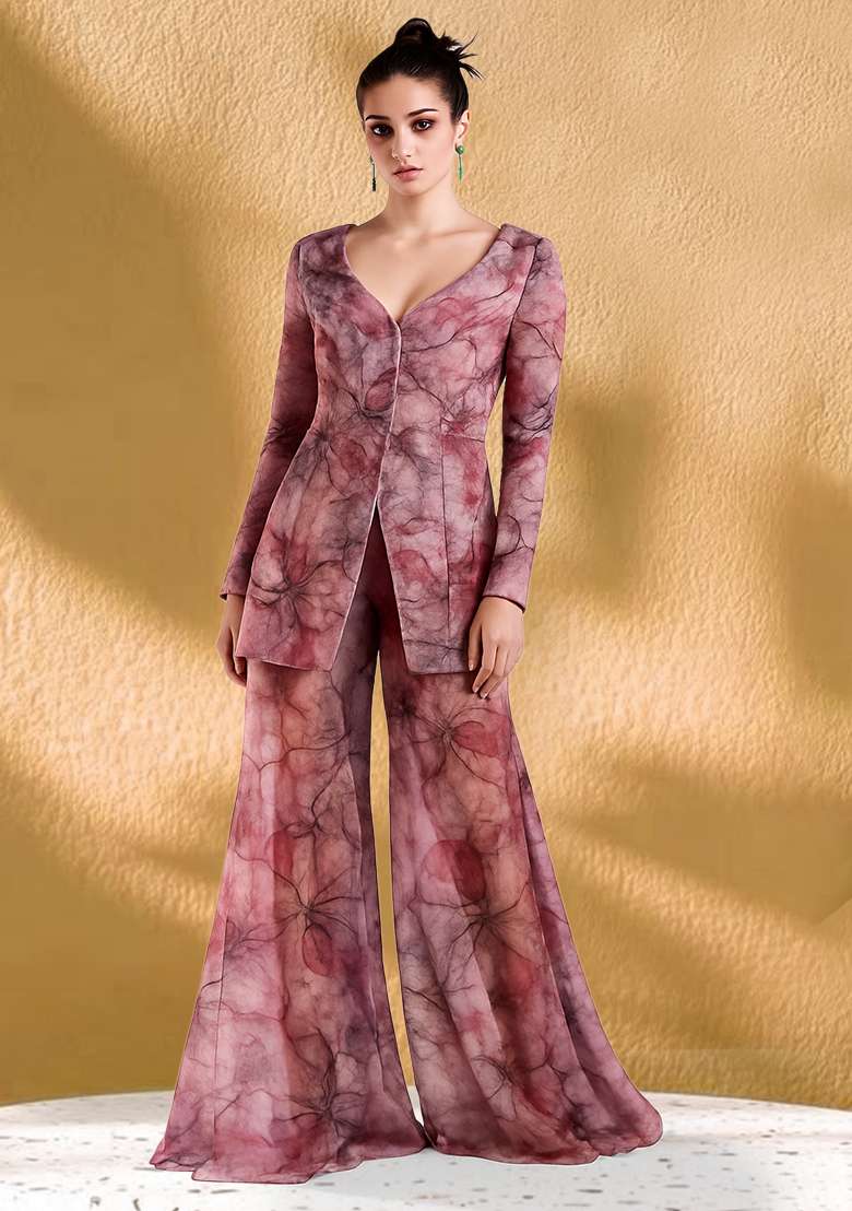 Mauve Abstract Printed Georgette Fusion Set - Indya