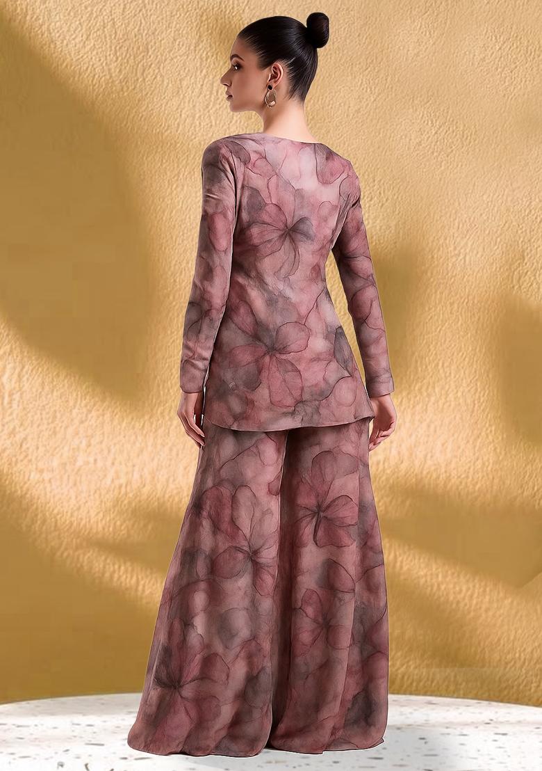 Mauve Abstract Printed Georgette Fusion Set - Indya