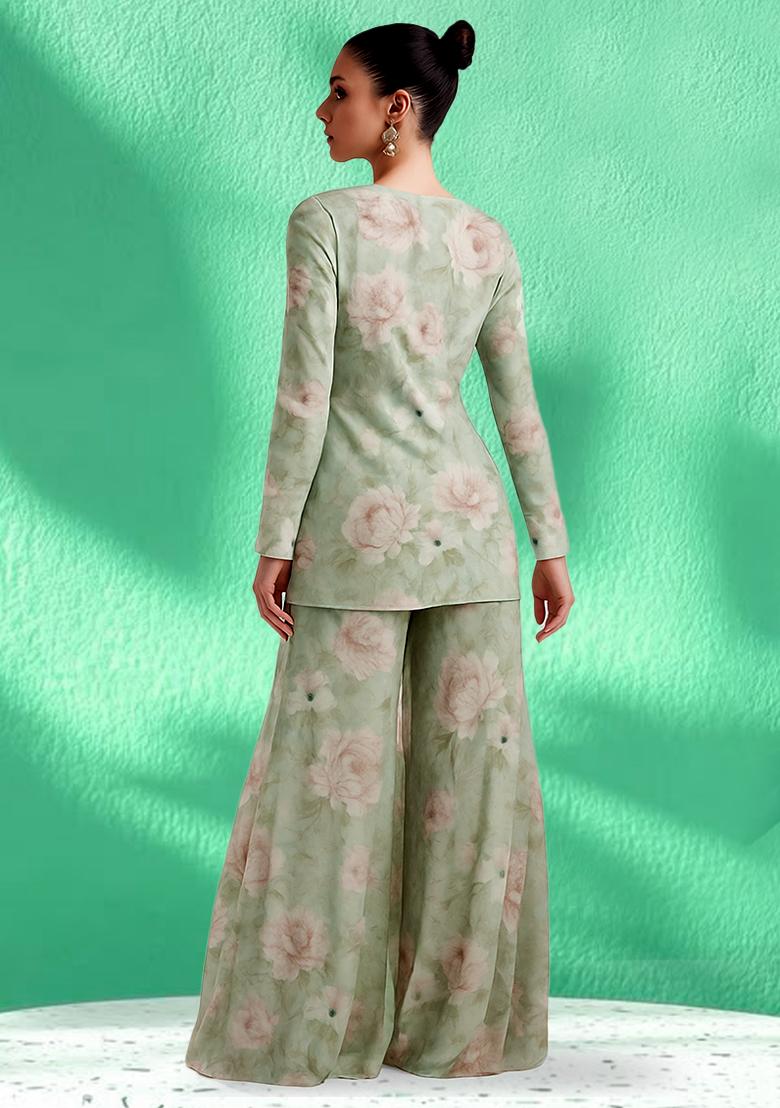 Sage Green Floral Printed Georgette Fusion Set - Indya