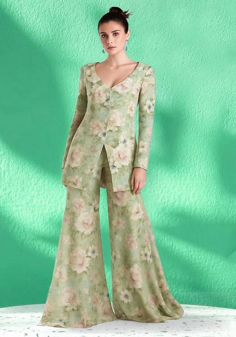Sage Green Floral Printed Georgette Fusion Set