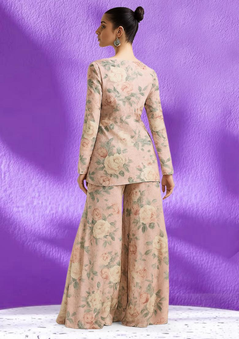 Light Pink Floral Printed Georgette Fusion Set - Indya