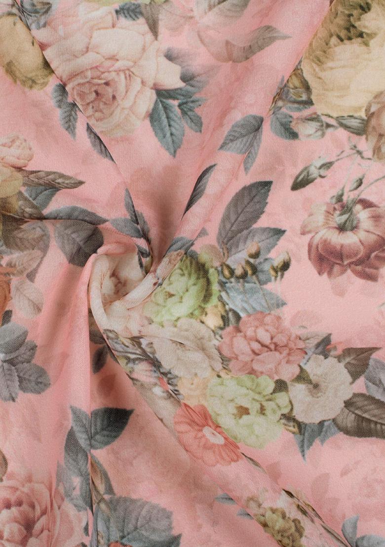 Light Pink Floral Printed Georgette Fusion Set - Indya