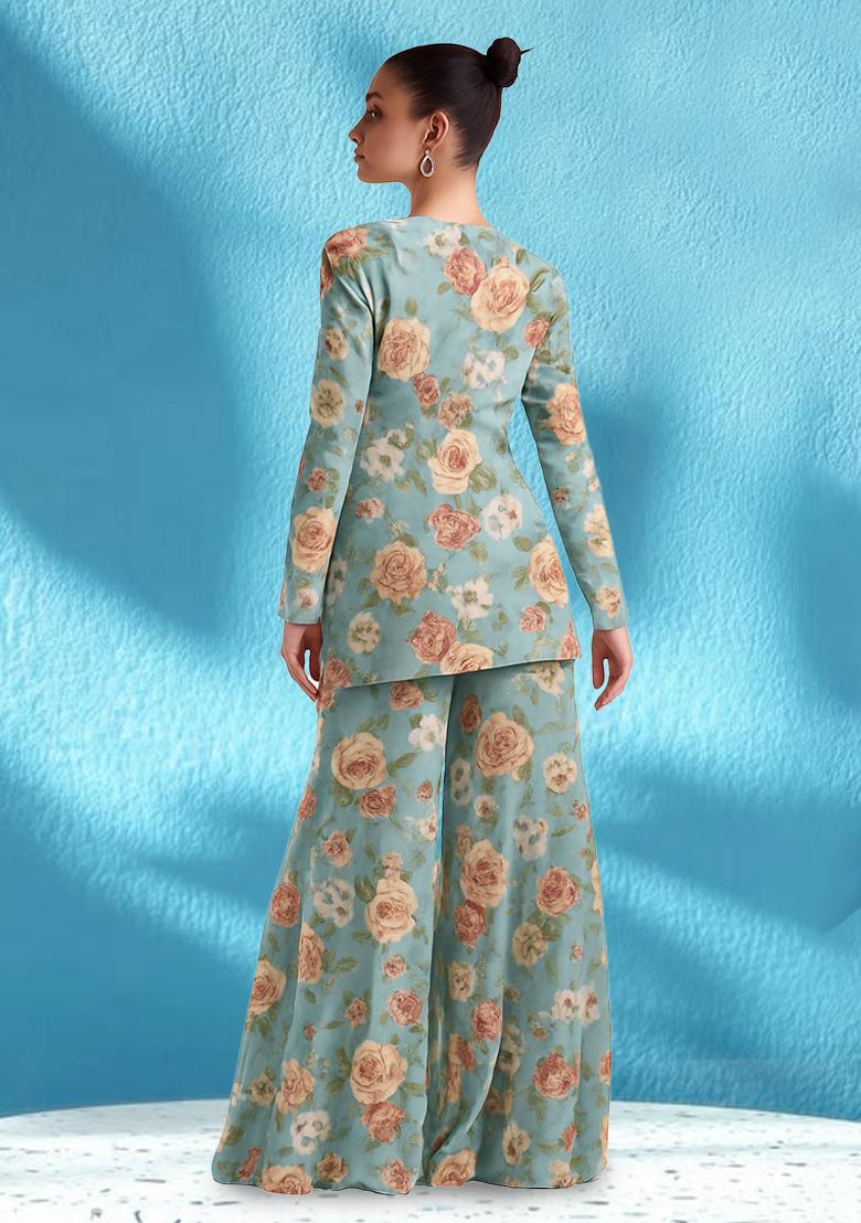 Sky Blue Floral Printed Georgette Fusion Set - Indya