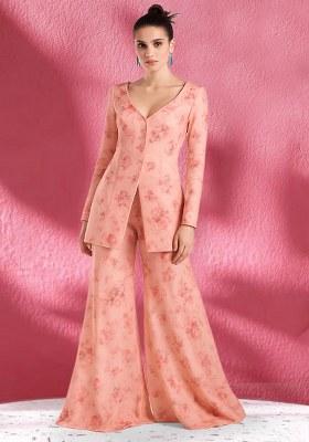 Peach Floral Printed Georgette Fusion Set