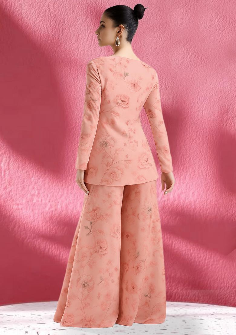 Peach Floral Printed Georgette Fusion Set - Indya