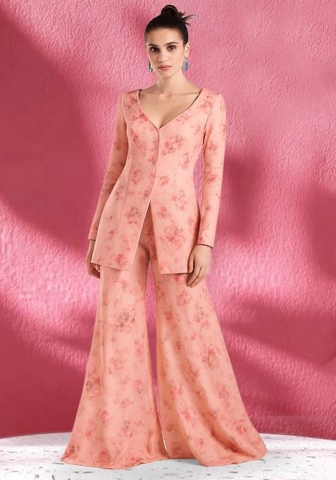 Peach Floral Printed Georgette Fusion Set