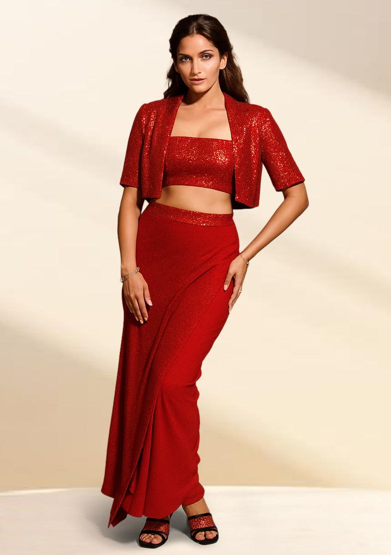 Red Sequin Blouse And Jacket Georgette Fusion Set