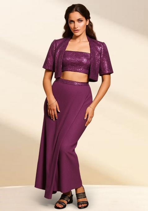 Purple Sequin Blouse And Jacket Georgette Fusion Set