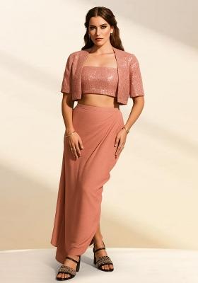 Peach Sequin Blouse And Jacket Georgette Fusion Set