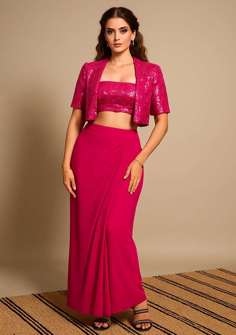 Hot Pink Sequin Blouse And Jacket Georgette Fusion Set - Indya