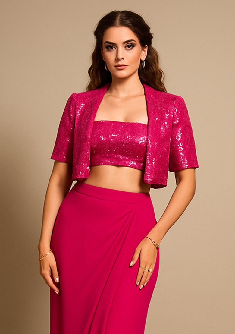 Hot Pink Sequin Blouse And Jacket Georgette Fusion Set - Indya