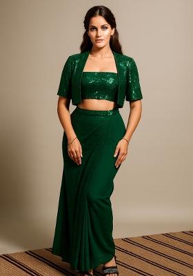 Bottle Green Sequin Blouse And Jacket Georgette Fusion Set