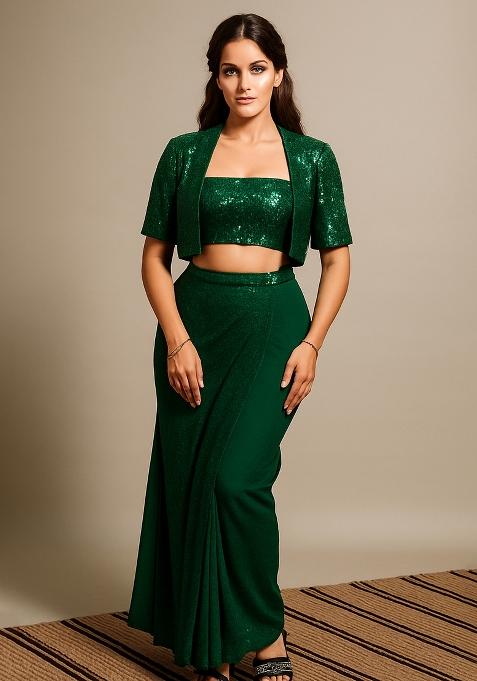 Bottle Green Sequin Blouse And Jacket Georgette Fusion Set