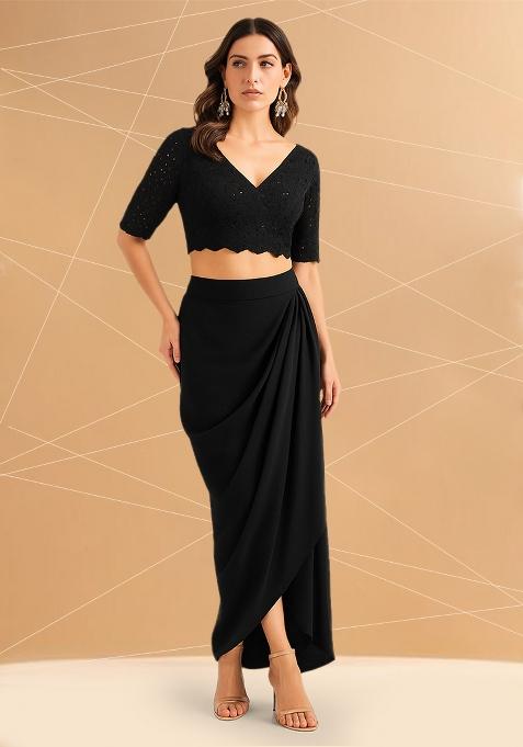 Black Embellished Blouse Georgette Fusion Set