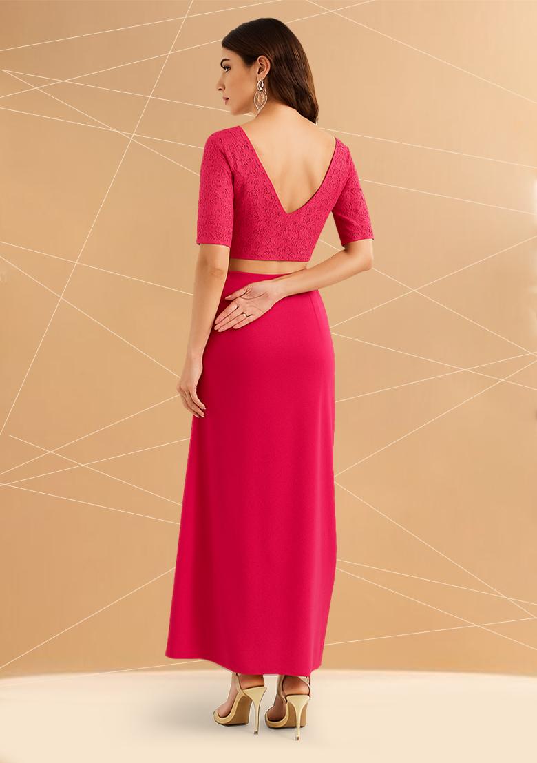 Hot Pink Embellished Blouse Georgette Fusion Set - Indya