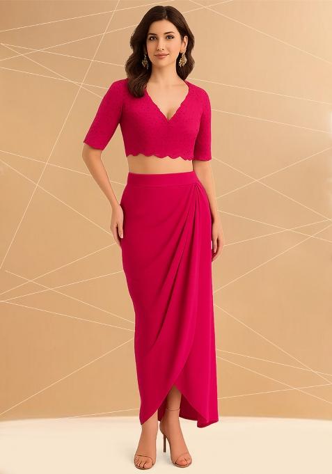 Hot Pink Embellished Blouse Georgette Fusion Set