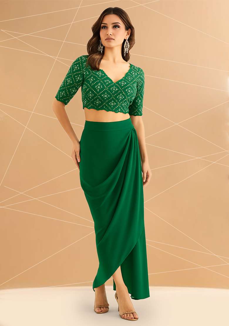 Green Embellished Blouse Georgette Fusion Set for Diwali | Wedding & Festive Wear - Indya