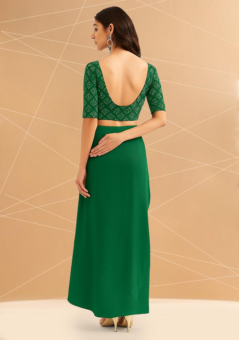 Green Embellished Blouse Georgette Fusion Set - Indya