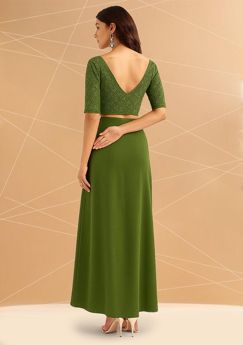 Olive Green Embellished Blouse Georgette Fusion Set - Indya