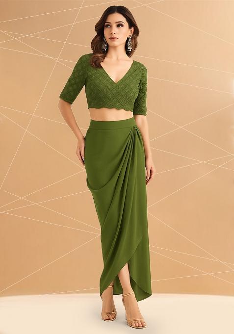 Olive Green Embellished Blouse Georgette Fusion Set