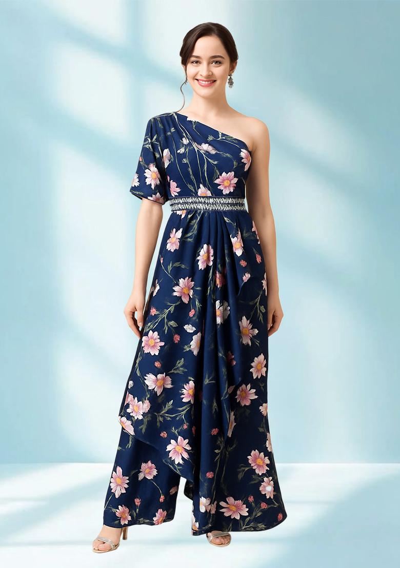 Blue Crepe Floral Printed Fusion Set