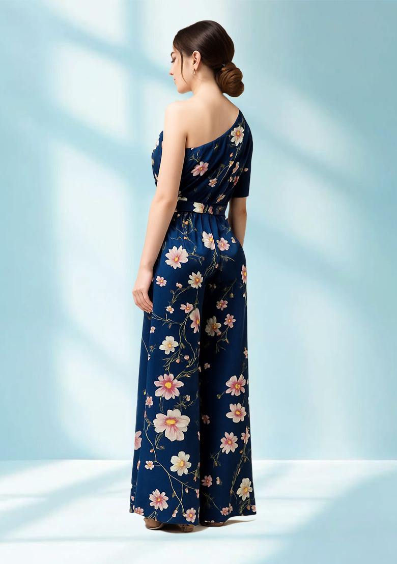 Blue Crepe Floral Printed Fusion Set - Indya