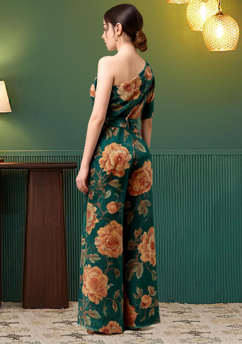 Bottle Green Crepe Floral Printed Fusion Set - Indya