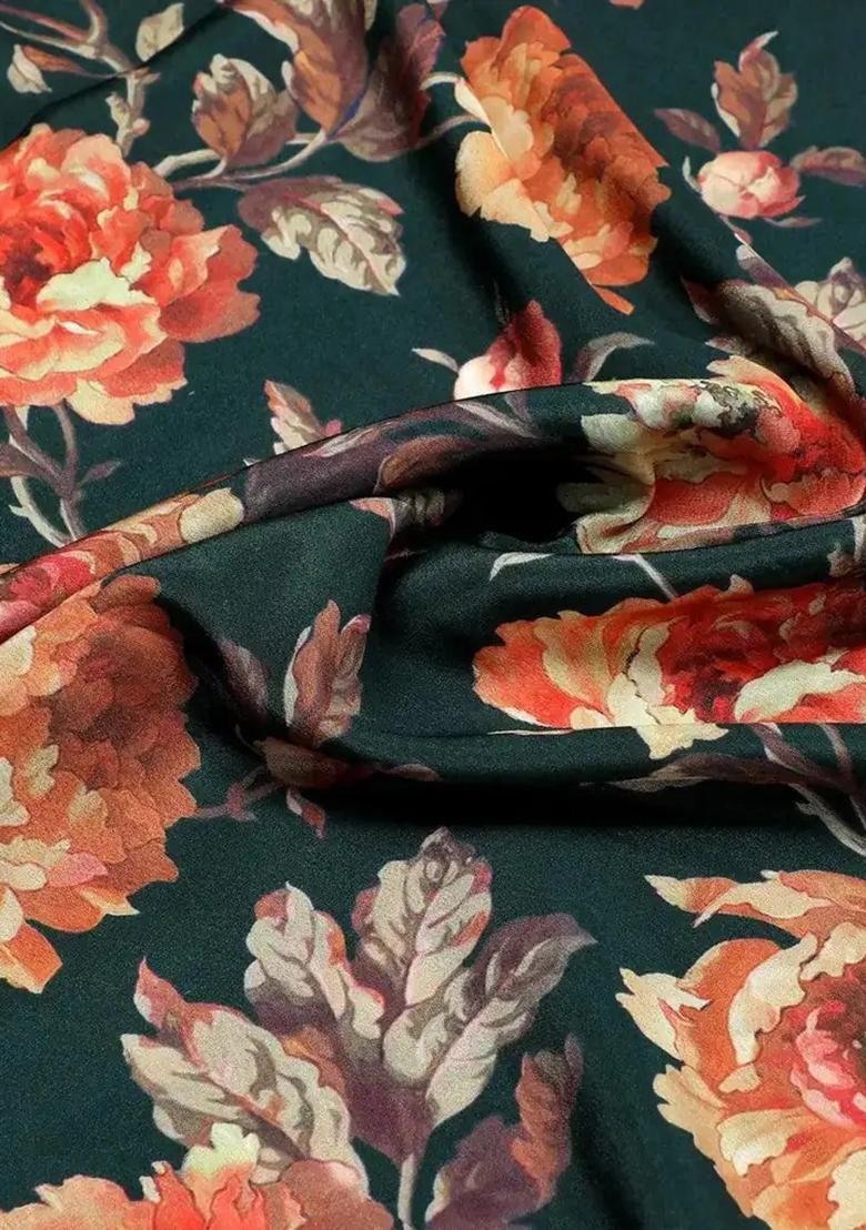 Bottle Green Crepe Floral Printed Fusion Set - Indya