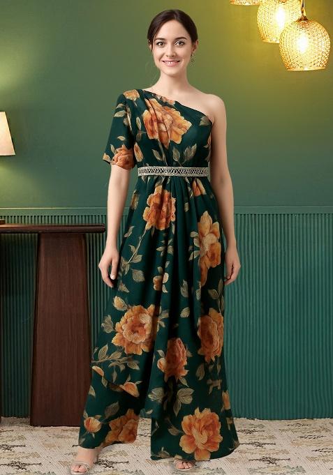 Bottle Green Crepe Floral Printed Fusion Set