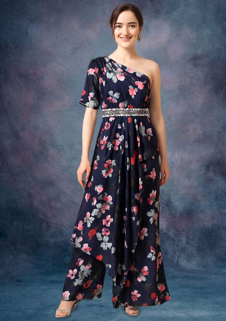 Navy Blue Crepe Floral Printed Fusion Set for Diwali and Festive Wear - Indya