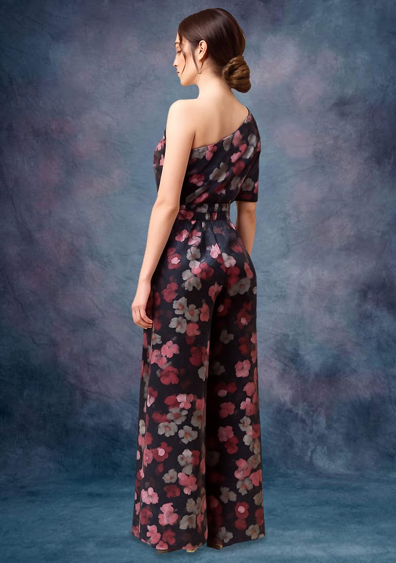 Navy Blue Crepe Floral Printed Fusion Set - Indya